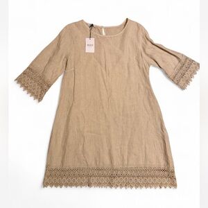 Stella Rosa Made in Italy Tan Crochet Trim 100% linen Dress Womens